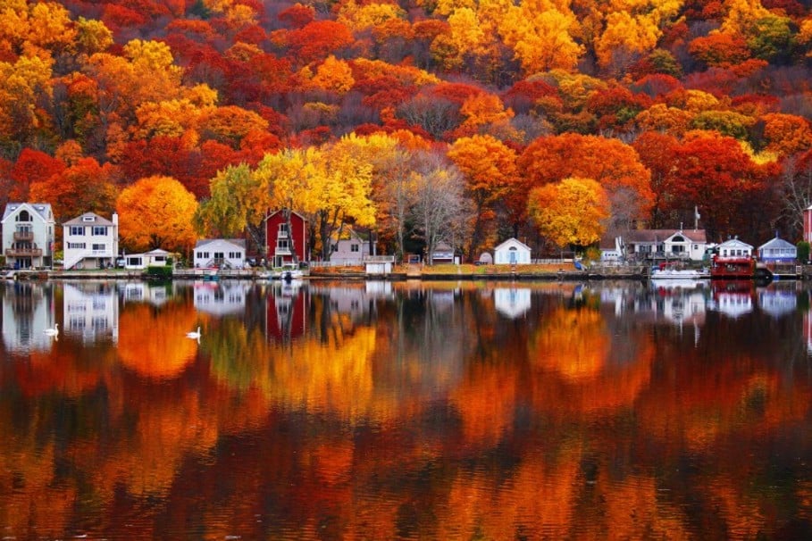 Lake houses and fall foliage